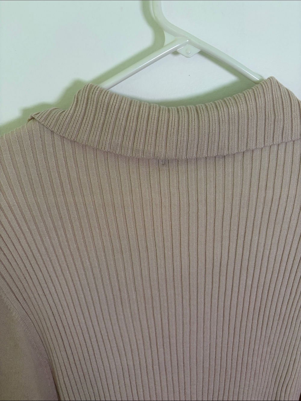 Ribbed V-Neck Belted Long Sleeve Dress in Beige - Picture 7 of 9